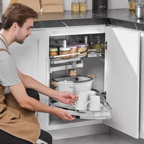 VEVOR Schwenkbarer Eckschrank ausziehbarer Organizer für breite Jalousienschränke, 2-stufiges höhenverstellbares Schwenktablett, sanft schließender Küchen-Cloud-Jalousie-Organizer, links offen – Bild 7
