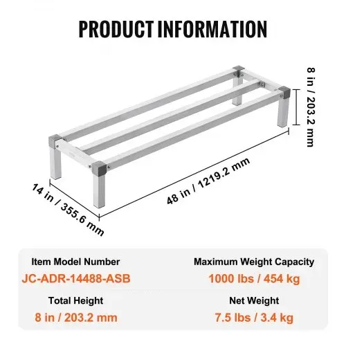 VEVOR Aluminium-Stauregal, 48 x 14 Zoll großes kommerzielles Bodenregal für Lebensmittel, 8 Zoll über dem Boden, 1000 lbs Tragkraft, komplett verschweißtes Aluminium-Lagerregal, zur Lagerung in Restaurants, Küchen, Garagen und Fahrzeugen – Bild 6