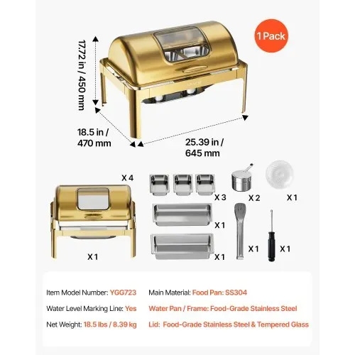 VEVOR Chafing Dish Set 12,3 L Edelstahl Warmhaltebehälter Buffets 1 Stück für Hochzeiten & Partys, Transparenter Rolldeckel mit 90°/180° Öffnung, 1 Große und 3 Kleinere Behälter, Zange, Glasschale – Bild 6