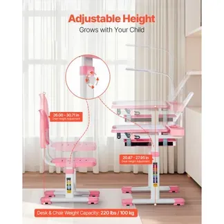 VEVOR Schreibtisch Set Kinderschreibtisch Arbeitstisch und Stuhl höhenverstellbar (53-71 cm) belastbar (100 kg) mit Tischlampe & 0–40° geneigten Schreibtischplatte für Schlafzimmer Rosa VEVOR Schreibtisch Set Kinderschreibtisch Arbeitstisch und Stuhl höhenverstellbar (53-71 cm) belastbar (100 kg) mit Tischlampe & 0–40° geneigten Schreibtischplatte für Schlafzimmer Rosa