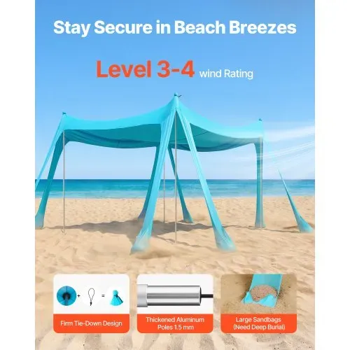 VEVOR Strandzelt mit Sonnenschutz (UPF 50+) 3 x 3 x 2 m, Strandmuschel mit Sandsäcken & Stützstangen & Sandschaufeln, Tragbares Sonnensegel für Familienausflüge Camping Angel Grün – Bild 3