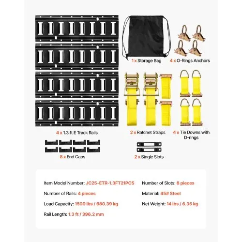 VEVOR E-Track-Zurrschienen-Set, 4er-Pack, 0,4 m, 21-tlg. Zubehör, inkl. 2 Ratschengurten & 4 O-Ringen & 4 Zurrgurten mit D-Ring & 2 Einzelschlitzen & 8 Endkappen & 1 Tasche, Garagen, Wagen, Anhänger – Bild 6