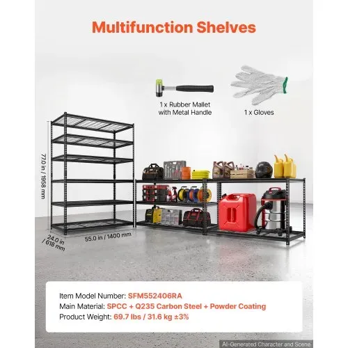 VEVOR Lagerregal 6-Stöckig Drahtregal 1400x612x1958mm mit 1633kg Tragkraft, Gitterregal für Lager Garage Werkstatt Zuhause, Stahlkonstruktion, Regalböden Höhenverstellbar, Drahtgitterpaneele, Schwarz – Bild 5