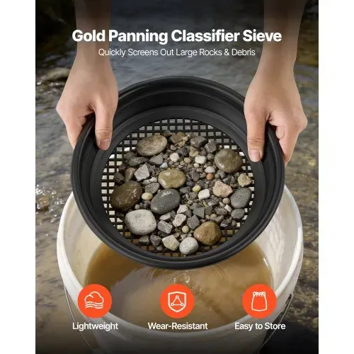 VEVOR Goldwaschpfanne 10 & 14 Zoll, Goldwannenbecken aus PP, 19-tlg. Tragbar, mit Klassiersieben, Sandmagnet, Steinhacke, Schaufeln, Rucksack und Zubehör, Gold Waschpfanne Tray Kit, Schwarz – Bild 3