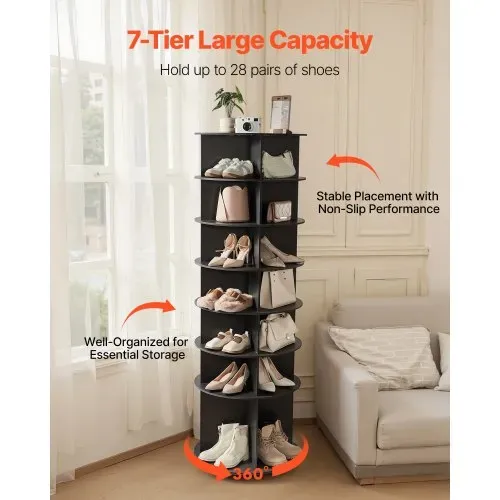 VEVOR Schuhregal Schuhschrank für 28 Paar Schuhe (7-stöckig) 360° drehbar, platzsparende Schuhaufbewahrung, Schuhablage für Schlafzimmer Wohnzimmer Eingangsbereich, Schwarz 598 x 598 x 1805 mm – Bild 3
