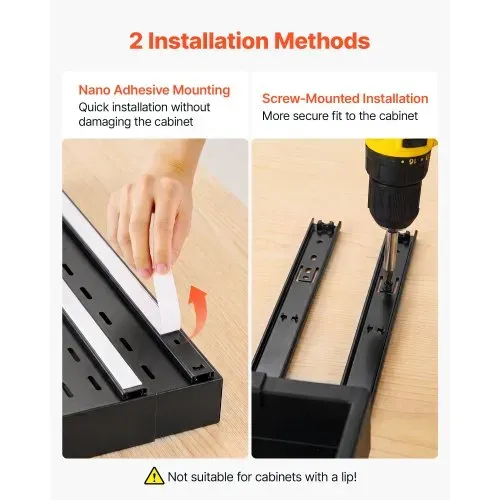 VEVOR 2 x Teleskopschubladen Ausziehbare Küchenschrank-Organizer 31-48 cm, 52 cm Tiefe Auszugsschubladen für Schränke, Erweiterbare Auszugsschubladen für Küchenschränke mit Nano-Klebestreifen, Schwarz – Bild 4