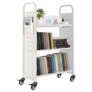 VEVOR Bücherwagen, 150 kg Tragkraft, Bibliothekswagen, 77 x 38 x 122 cm, einseitiges V-förmiges Bücherregal mit Doppelbremsrollen, für Wohnzimmer, Büro, Schule, Weiß VEVOR Bücherwagen, 150 kg Tragkraft, Bibliothekswagen, 77 x 38 x 122 cm, einseitiges V-förmiges Bücherregal mit Doppelbremsrollen, für Wohnzimmer, Büro, Schule, Weiß
