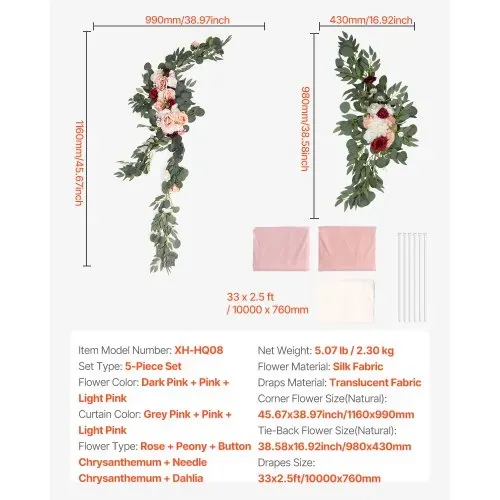 VEVOR Blumenset für Hochzeit Bogen, rosa Blumenset für Traubogen mit Vorhängen (5er-Set) – 2 Blumenarrangements, 3 transparente Vorhänge, für Zeremoniensträuße, Empfangshintergrunddekoration – Bild 6