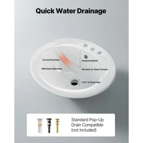 VEVOR Halbeinbauwaschbecken Handwaschbecken 485 x 425 mm ovales Aufsatzwaschbecken mit Überlauf & 3 Wasserhahnlöchern, modernes Einbauwaschbecken für kleine Räume Küchen Badezimmer Weiß – Bild 4