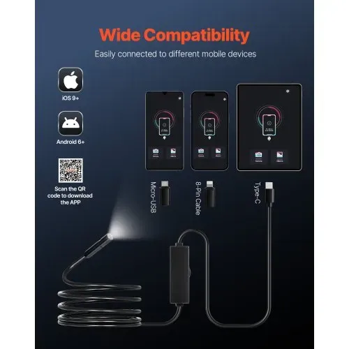 VEVOR Endoskopkamera mit Licht, 1920P HD-Endoskop für Android & iOS, Inspektionskamera mit 8 LED-Leuchten & 3 m langem Kabel, 2-facher Zoom, wasserdichte IP67-Kanalkamera für Auto & Sanitär – Bild 3