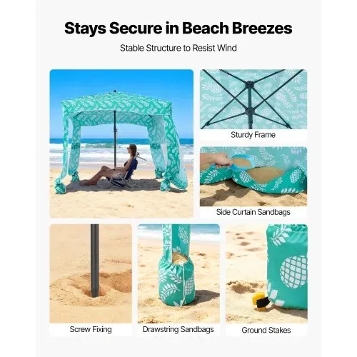 VEVOR Strand-Cabana 183 x 183 cm Strandüberdachung mit Seitenwand, UPF 50+ Sonnenschutz, Strandpavillon mit Sandsäcken, tragbarer Sonnenschutz Sonnenschirm für die ganze Familie und Freunde – Bild 2