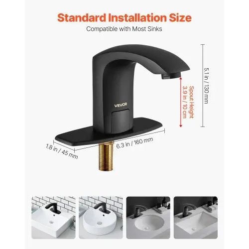 VEVOR berührungsloser Waschtischhahn (Mattschwarz) Badezimmer, automatische Waschtischarmatur, freihändig einstellbarer Sensorhahn (kalt/warm), batteriebetriebener Wasserhahn Toilettenhahn – Bild 2