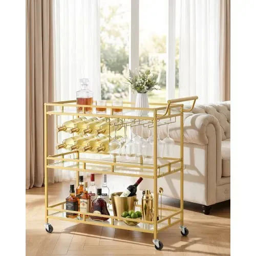 VEVOR Barwagen mit 3 Ebenen, Servierwagen mit Glashalter, Weinablage & Griff, Getränkewagen als Rollwagen für Wohnzimmer, Esszimmer und Küche, Küchenwagen in Goldfarben 880 x 380 x 890 mm – Bild 5