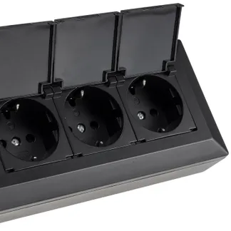 3-fach Steckdosenblock, schwarz 250V~/ 16A, Aufbaumontage mit Klappen 3-fach Steckdosenblock, schwarz 250V~/ 16A, Aufbaumontage mit Klappen