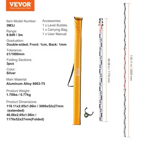 VEVOR Aluminium-Messlatte, 3 m metrische Teleskop-Messlatte, doppelseitige Skala in cm/mm, Nivellierlatte, Vermessungslatte aus Aluminiumlegierung mit Wasserwaage und Tragetasche zum Vermessen von Häusern, Wänden, Böden – Bild 6