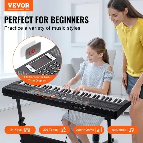 VEVOR Digitales Klavier mit 61 Tasten, 200 Töne, 200 Rhythmen, tragbares elektrisches Klavier-Keyboard-Kit mit 60 Demo-Songs, integrierten Doppellautsprechern, Kopfhörern, Mikrofon, Klavieraufklebern für Anfänger VEVOR Digitales Klavier mit 61 Tasten, 200 Töne, 200 Rhythmen, tragbares elektrisches Klavier-Keyboard-Kit mit 60 Demo-Songs, integrierten Doppellautsprechern, Kopfhörern, Mikrofon, Klavieraufklebern für Anfänger