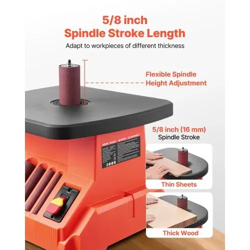 VEVOR Oszillierender Spindelschleifer, 2000 U/min Spindelschleifer mit 6 Hülsen (12,7–76,2 mm), 16 mm Hub & 390x415 mm breitem Arbeitstisch für Möbelveredelung, Kunsthandwerk & Holzbearbeitung – Bild 3