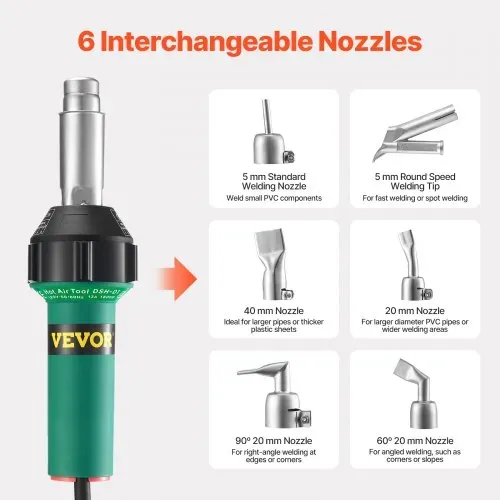 VEVOR Heißluft-Kunststoffschweißgerät, 1600 W Heißluftpistole, 50–600 °C PVC TPO Vinyl Schweißbrenner, Hot Air Welder Set mit 17 Zubehörteilen – Werkzeugkasten, Düse, Rolle, Klingen für PP/PE/PVC – Bild 2