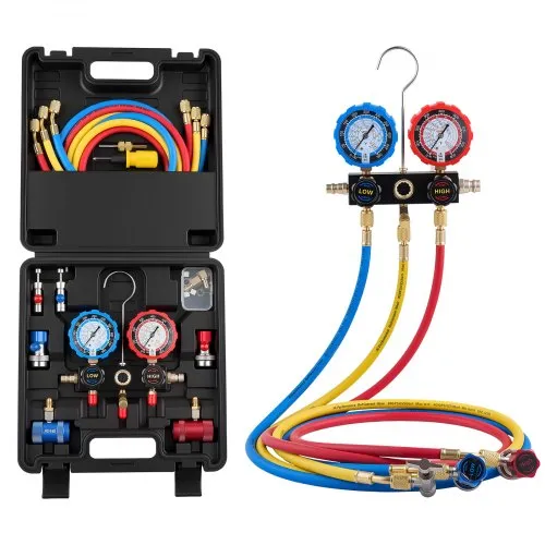VEVOR AC Klimaanlagen-Manometer-Set für R134a R404A R1234y R22 Kältemittel, 3-Wege-Manometer mit 1,5-m-Schläuchen & Adaptern & Schnellkupplungen & Dosenanschlüssen Geeignet für Kfz-Klimaanlagen VEVOR AC Klimaanlagen-Manometer-Set für R134a R404A R1234y R22 Kältemittel, 3-Wege-Manometer mit 1,5-m-Schläuchen & Adaptern & Schnellkupplungen & Dosenanschlüssen Geeignet für Kfz-Klimaanlagen