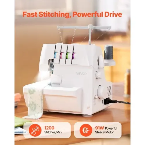 VEVOR Overlock-Nähmaschine, 1250 Stiche pro Minute, 2-3-4-Faden-fähig, einstellbarer Differentialtransport (0,7-2), mit Freiarm und LED-Beleuchtung, Nähmaschine für verschiedene Stoffe, Weiß – Bild 5