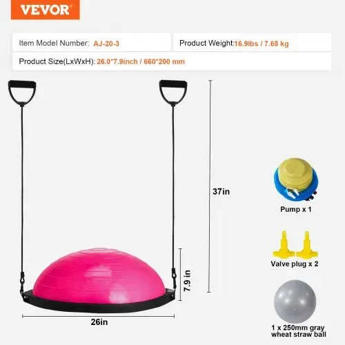 VEVOR Halb-Gymnastikball-Trainer, 66 cm Balance-Ball-Trainer, 680 kg Tragkraft Stabilitätsball, Yoga-Ball mit Widerstandsbändern & Fußpumpe, Yogaball Kraft-Fitnessball im Heim-Fitnessstudio, Rosa – Bild 6