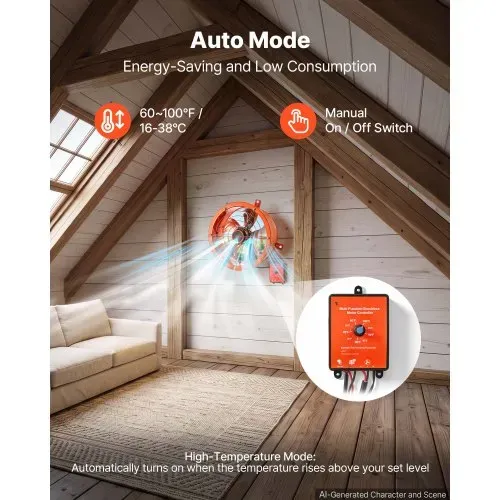 VEVOR Giebellüfter 30,5cm Dachbodenlüfter Solarbetrieben 1529,1m³/h Orange, 3-in-1 Belüftung Kühlung & Entfeuchtung für Dachboden Gewächshaus & Lager, Stahlgehäuse, mit Thermostat & 35W Solarpannel – Bild 3