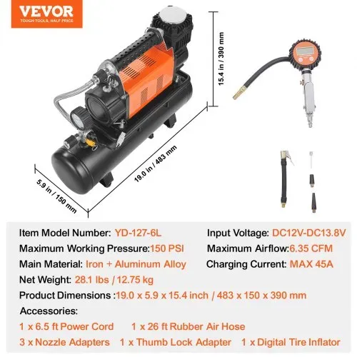 VEVOR 12-V-Hochleistungsluftkompressor mit 6-l-Tank-Kit, tragbarer 6,35-CFM-Reifenfüller, 150-PSI-Offroad-Luftkompressor mit digitalem Druckmesser, Reifenfüller für LKWs, Autos, SUVs, 4x4-Fahrzeuge, Wohnmobile – Bild 6
