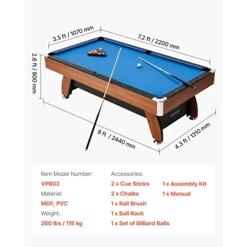 VEVOR Billardtisch 244 cm mit Holzoberfläche, moderner Spieltisch mit verstellbaren Füßen, komplettes Set inkl. Bällen/Queues/Ständer/Kreide/Bürste, für Spielzimmer Freizeiträume Blau – Bild 6