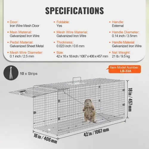 VEVOR Marderfalle, 1067 x 406 x 457 mm Lebendfalle aus verzinktem Eisen, faltbare Tierfalle mit Griff Drahtfalle für streunende Hunde, Gürteltiere, Waschbären, Murmeltiere, Füchse – Bild 6