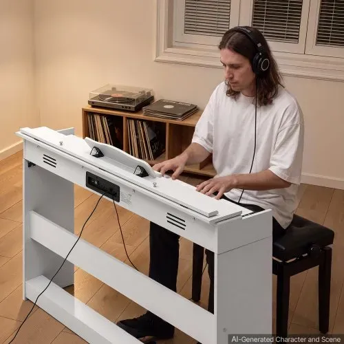 VEVOR Digitalpiano 88 Halbgewichtete Tasten E-Piano HiFi-Lautsprecher Weiß für Anfänger, mit 128 Klängen, 128 Rhythmen, USB, MIDI, Audioausgang, Standard-3,5-mm-Kopfhörerbuchse, Notenhalter und Pedal – Bild 7