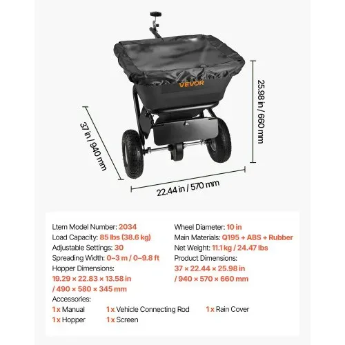 VEVOR Streuwagen 38,6 kg Fassungsvermögen, Schleuderstreuer Anhängestreuer 3 m Streubreite, Streuanhänger mit 25,4 cm Reifen, einstellbare Streumenge, Rasenstreuer für Saatgut, Dünger & Streusalz – Bild 6