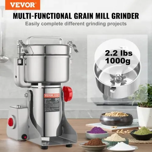 VEVOR Elektrische Getreidemühle, 1000 g, Hochgeschwindigkeits-Gewürzmühle mit 3000 W, gewerbliche Gewürzmühle, Pulverisiermaschine aus Edelstahl, für trockene Körner, Gewürze, Müsli, Kaffee, Mais, Pfeffer, Schwenktyp VEVOR Elektrische Getreidemühle, 1000 g, Hochgeschwindigkeits-Gewürzmühle mit 3000 W, gewerbliche Gewürzmühle, Pulverisiermaschine aus Edelstahl, für trockene Körner, Gewürze, Müsli, Kaffee, Mais, Pfeffer, Schwenktyp