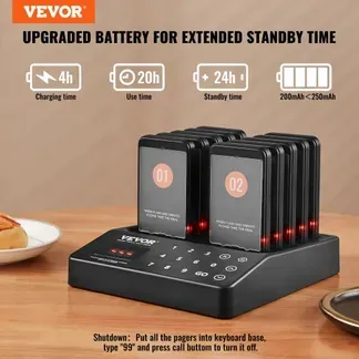 VEVOR Restaurant-Pager-System, Kabelloses Warteschlangensignal mit 400 m Reichweite, Piepser zur Rufannahme von Gästen mit Vibration und Blinken, 10 Pager für Imbisswagen, Kirche, Kindergarten VEVOR Restaurant-Pager-System, Kabelloses Warteschlangensignal mit 400 m Reichweite, Piepser zur Rufannahme von Gästen mit Vibration und Blinken, 10 Pager für Imbisswagen, Kirche, Kindergarten