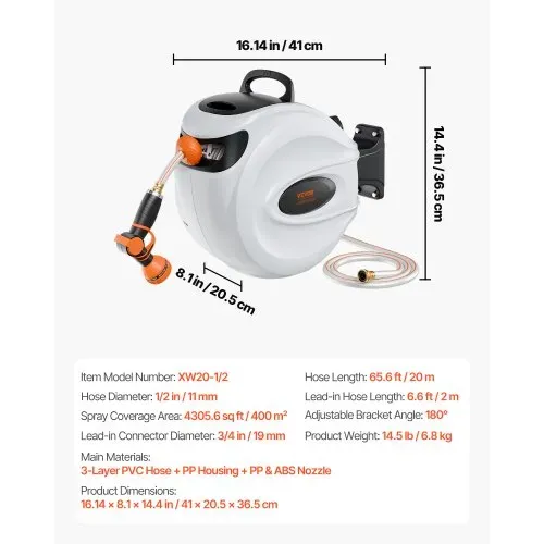 VEVOR Schlauchtrommel 20mx12mm Schlauchaufroller Wasser 180° Schwenkbar Wand-Schlauchbox mit Aufwickelstopper und Wandhalterung Wasserschlauchtrommel Gartenschlauch zum Gießen Autowaschen Reinigen – Bild 6
