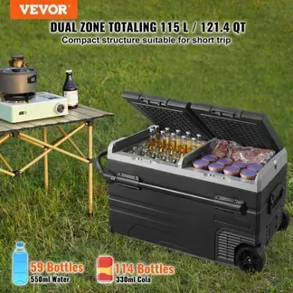 VEVOR 12 V Autokühlschrank, tragbarer 115 L Gefrierschrank mit 2 Zonen und Rädern & Griff, -20 °C bis 20 °C, 12/24 V DC / 100–240 V AC-Kompressorkühler für den Außenbereich, Camping, Reisen VEVOR 12 V Autokühlschrank, tragbarer 115 L Gefrierschrank mit 2 Zonen und Rädern & Griff, -20 °C bis 20 °C, 12/24 V DC / 100–240 V AC-Kompressorkühler für den Außenbereich, Camping, Reisen