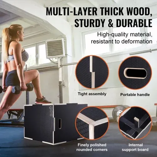 VEVOR 3-in-1-Plyometrische Sprungbox 30/24/20-Zoll-Plyobox, Sprungkasten Sprungkiste 204 kg Tragfähigkeit, Fitnessübungs-Step-Up-Box für Heimtraining, Sprungkrafttraining Schwarz Einstellbare Höhe – Bild 3