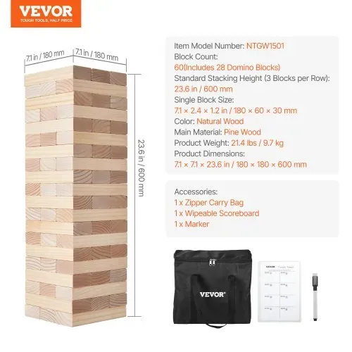 VEVOR Wackelturm mit 60 Blöcken & Anzeigetafel & Tragetasche, Tumbling Tower aus Kiefernholz, Holzturm Höhe bis 60 cm, Holzstapelspiel, Tumbling Tower-Familienspiele für drinnen/draußen Party – Bild 6