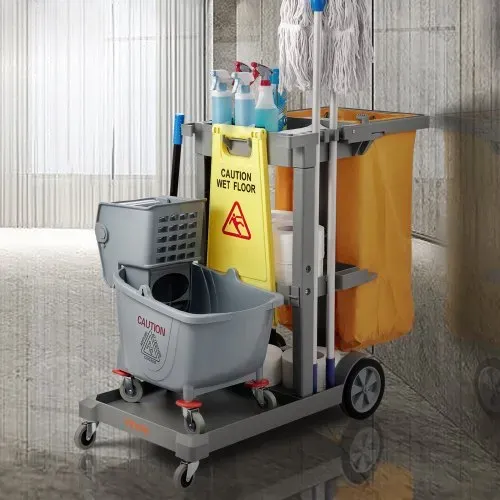 VEVOR Reinigungswagen Putzwagen mit 3 Fächern, Hygienewagen Reinigungswagen 90,7 kg Tragfähigkeit, Grau PP Wischwagen Systemwagen mit PVC-Müllsack, Geeignet für Büros, Einkaufszentren, Hotels – Bild 7