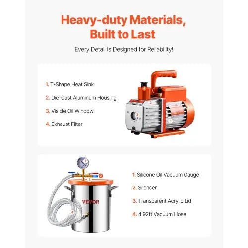 VEVOR 11,36L Vakuumkammer & 3,5 CFM Pumpe, Edelstahlkammer, einstufiges Vakuumpumpen-Entgasungskammerset, mit Acryldeckel, Öl, 1,5 m Schlauch, Vacuum Pump Kit zum Entgasen von Harz-Silikon-Epoxiden – Bild 5