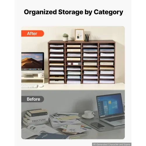 VEVOR Dokumentenablage Holz Schreibtisch Organizer mit 36 Fächern Braun, Ablagefach für Standard-A4-Dokumente Akten & Papiere, mit Verstellbaren Einlegböden für Büro, Zuhause & Klassenzimmer, MDF – Bild 2