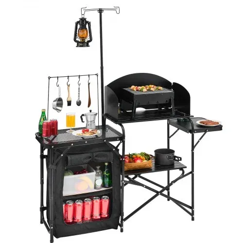 VEVOR Camping Küchentisch Outdoor Kochtisch, tragbare Kochstation aus Aluminium mit Lagerschrank & Tragetasche, & abnehmbarer Windschutzscheibe, für Grillpartys Picknicks Wohnmobilreisen, schwarz – Bild 8