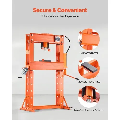 VEVOR hydraulische Werkstattpresse 20 t (H-Rahmen) mit Pressplatte, einstellbare Hydraulikpresse (Max. Zylinder 185 mm) mit Dreieckstütze, geeignet zum Biegen & Richten & Stanzen Orange – Bild 5
