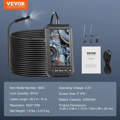 VEVOR Endoskopkamera Inspektionskamera 1080P Rohrkamera 15m Kabel 12,7 cm Display – Bild 6