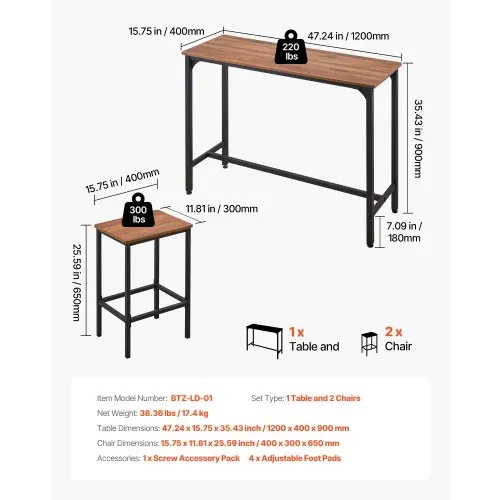 VEVOR Bartisch-Set (3-tlg.) mit 2 Barhocker & abgerundeten Kanten, rechteckiger Kneipentisch Stehtisch (120 x 40 x 90 cm), Bistrotisch Esstisch rustikales Braun Schwarz, geeignet für Büro Minibar – Bild 2