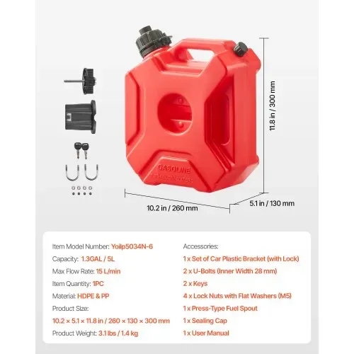 VEVOR Kraftstoffkanister 5 L, Benzinkanister mit Ausguss & verschließbarer Halterung, max. Durchflussrate 15 L/min, Flüssigkeitsbehälter für die meisten Autos, Motorräder, ATVs & UTVs, rot – Bild 6