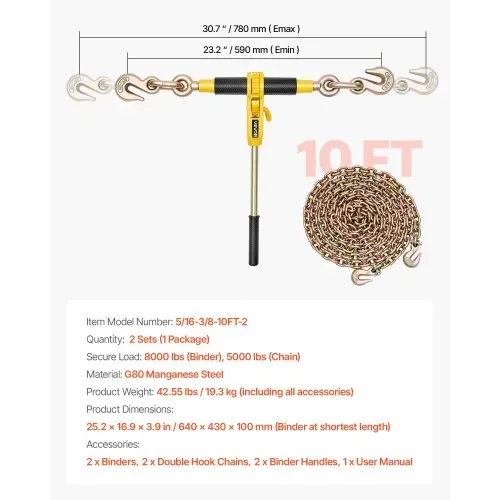 VEVOR Ratschenspanner mit Zurrketten G80 8 mm x 3 m, 2er-Set, Spannkraft 3629 kg, Kettenspanner mit 2 Greifhaken, Transportkettenbefestigungen zur Ladungssicherung, Transport, Pritschenanhänger – Bild 6