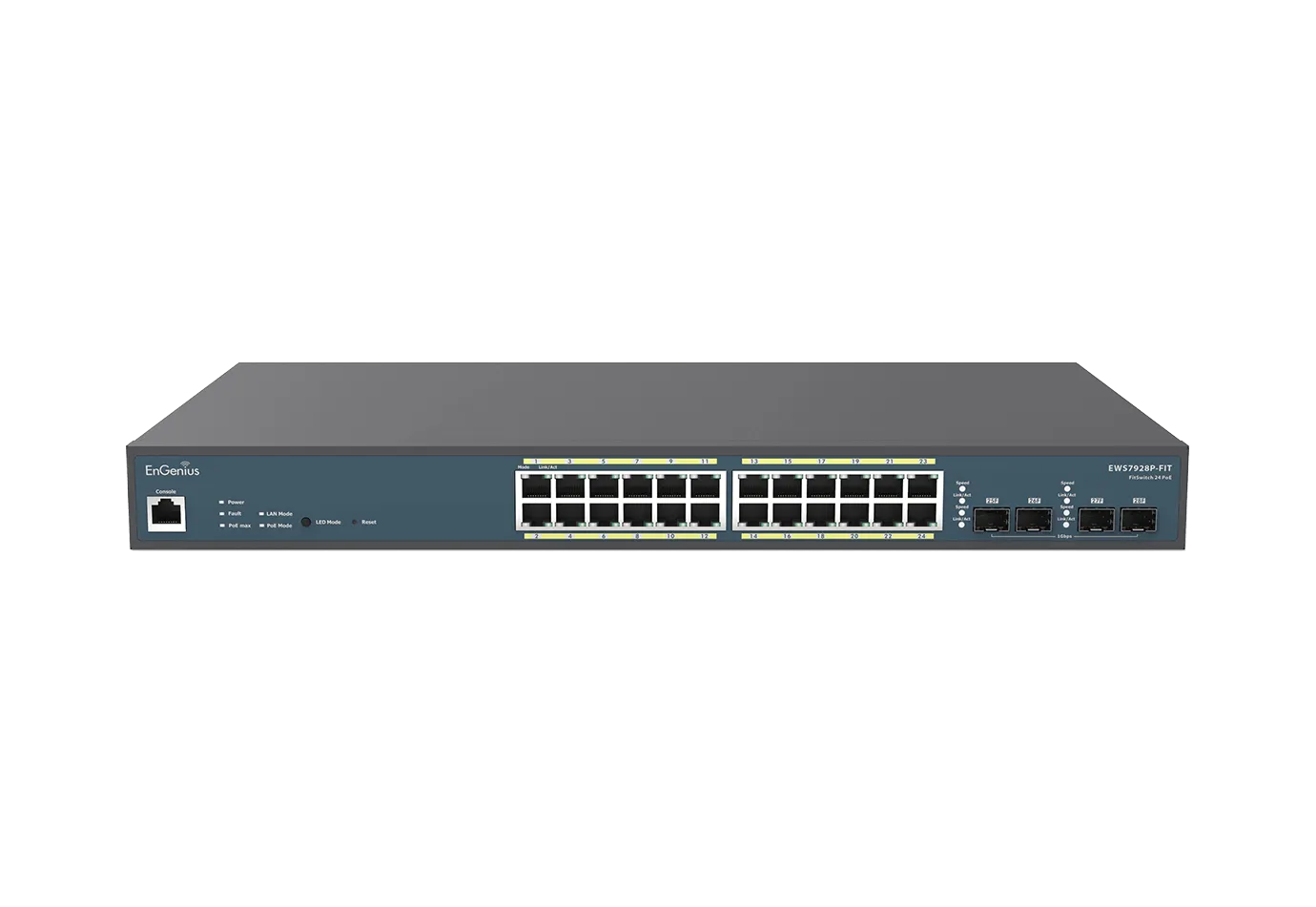 EnGenius Switch full managed Layer 2+ 28 Port • 24x 1 GbE • PoE Budget 240W • 24x PoE at • 4x SFP • 19″ • EWS7928P-FIT • FitCon/FitXpress EnGenius Switch full managed Layer 2+ 28 Port • 24x 1 GbE • PoE Budget 240W • 24x PoE at • 4x SFP • 19″ • EWS7928P-FIT • FitCon/FitXpress