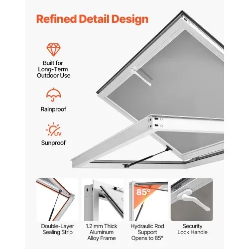 VEVOR Verkaufsfenster 1220 x 915 x 80 mm Konzessionsfenster Servicefenster für Imbisswagen und Verkaufsstände, bis 85° Aufklappbar, Aluminiumlegierungsrahmen, mit Verkaufsklappe und Regenschutz – Bild 3