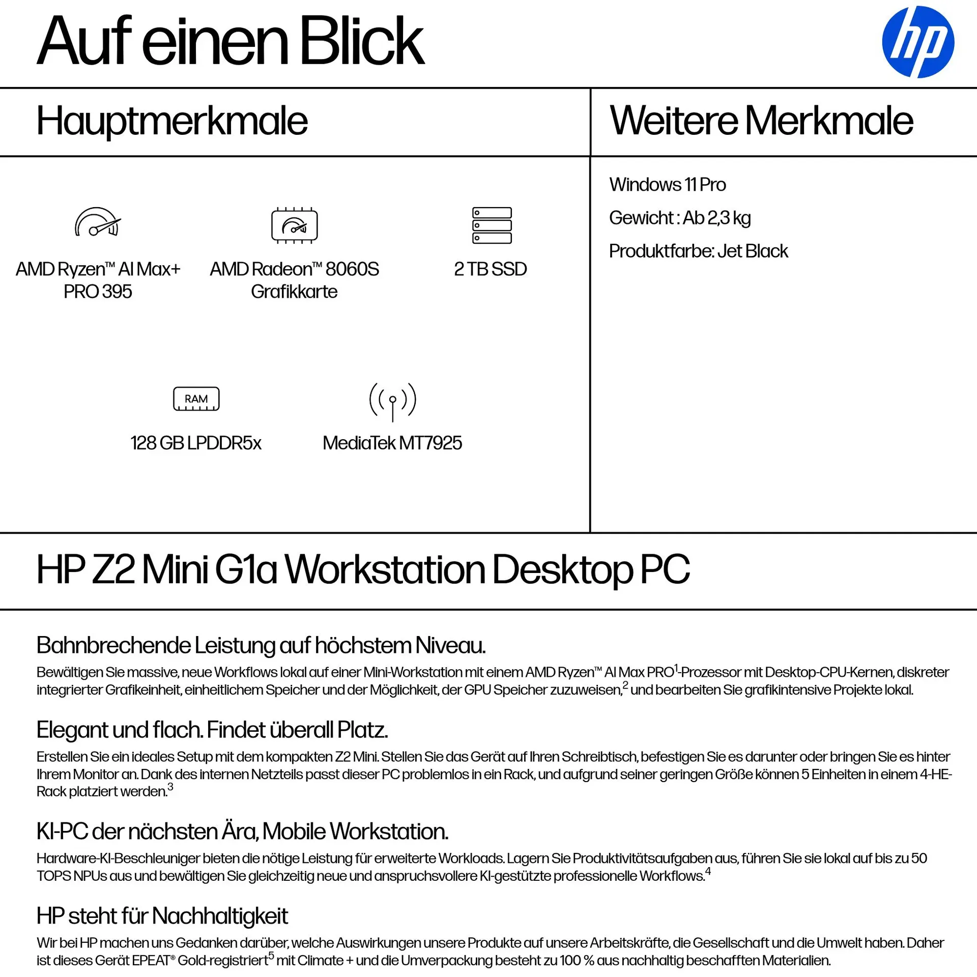 HP Z2 G1a Copilot+ PC AMD Ryzen AI Max+ PRO 395 128 GB LPDDR5x-SDRAM 2 TB SSD Windows 11 Pro Mini PC Arbeitsstation AI Workstation, AI PC Schwarz – Bild 3