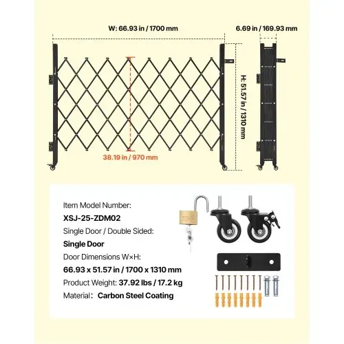 VEVOR Sicherheitstor (Einzel) abschließbares klappbares Scherentor mit 360°-Lenkrollen, einziehbare Stahltore Outdoor, für Eingangssicherheit Garage Lager, Falttor 170 x 131 cm (B x H) Schwarz – Bild 6